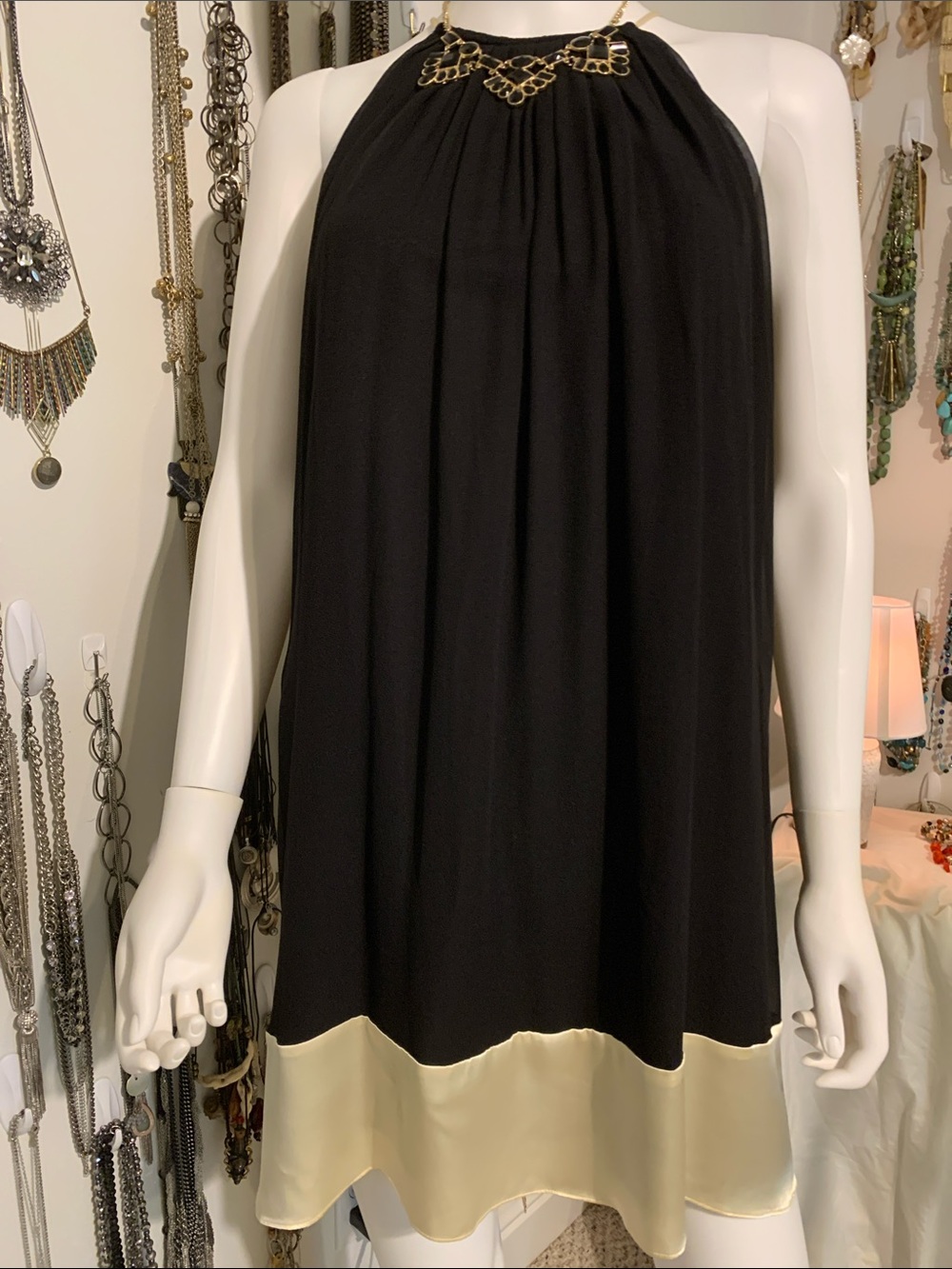 Maggy London Black Dress with Gold Trim Halter with necklace